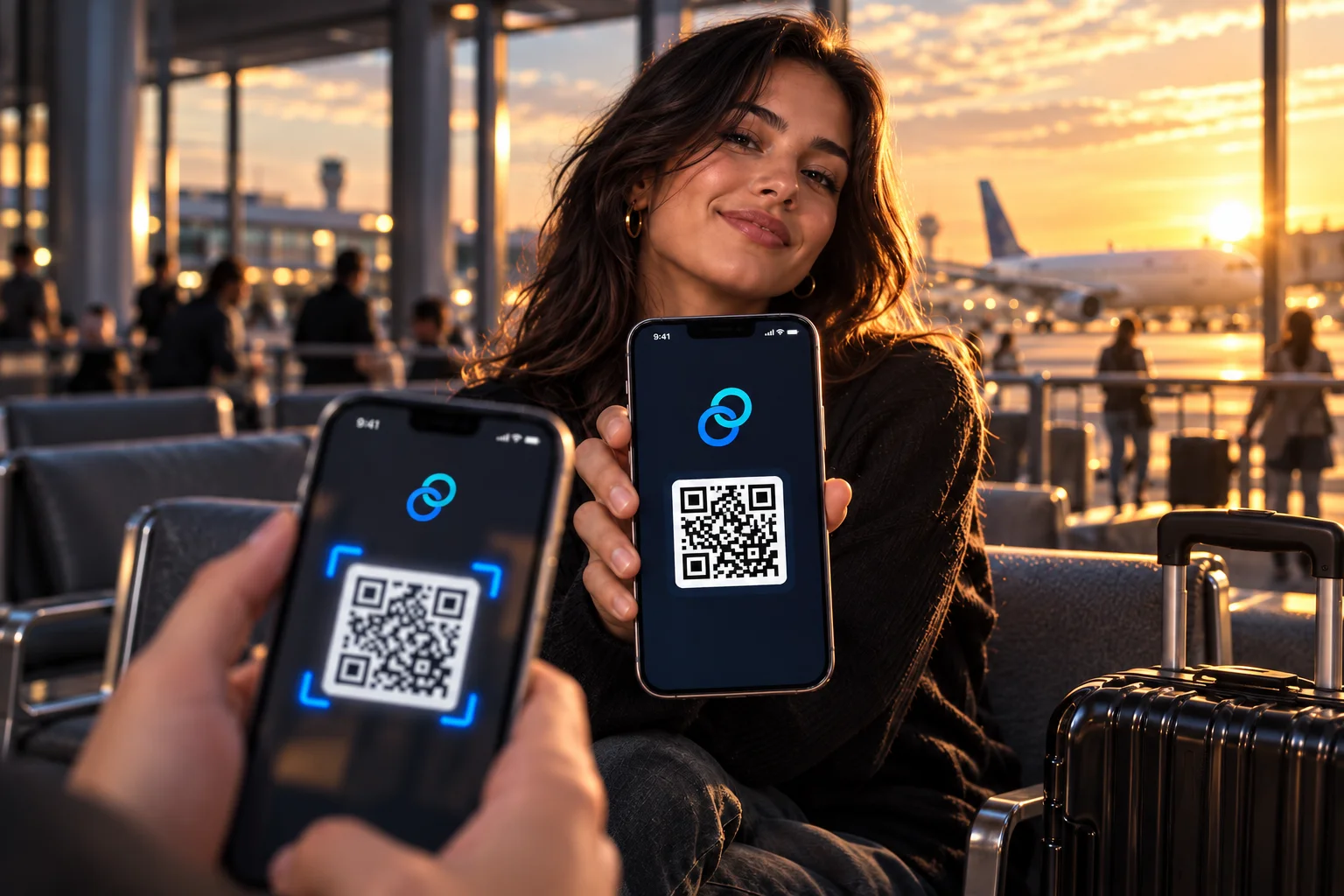 Two people connecting through a QR code on their phones at an airport