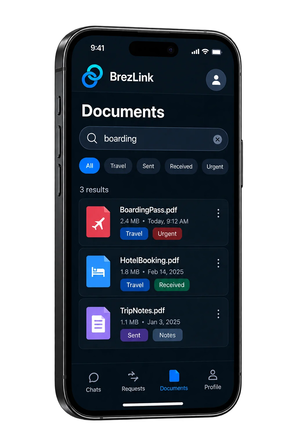 BrezLink Documents preview on a phone, showing shared files and tags