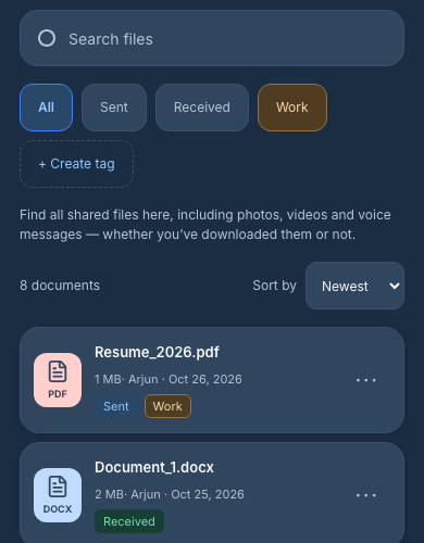 BrezLink Documents search, Sent and Received filters, and file tags using fictional shared files.